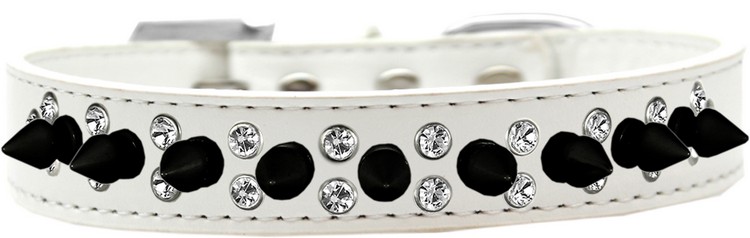 Double Crystal and Black Spikes Dog Collar White Size 14